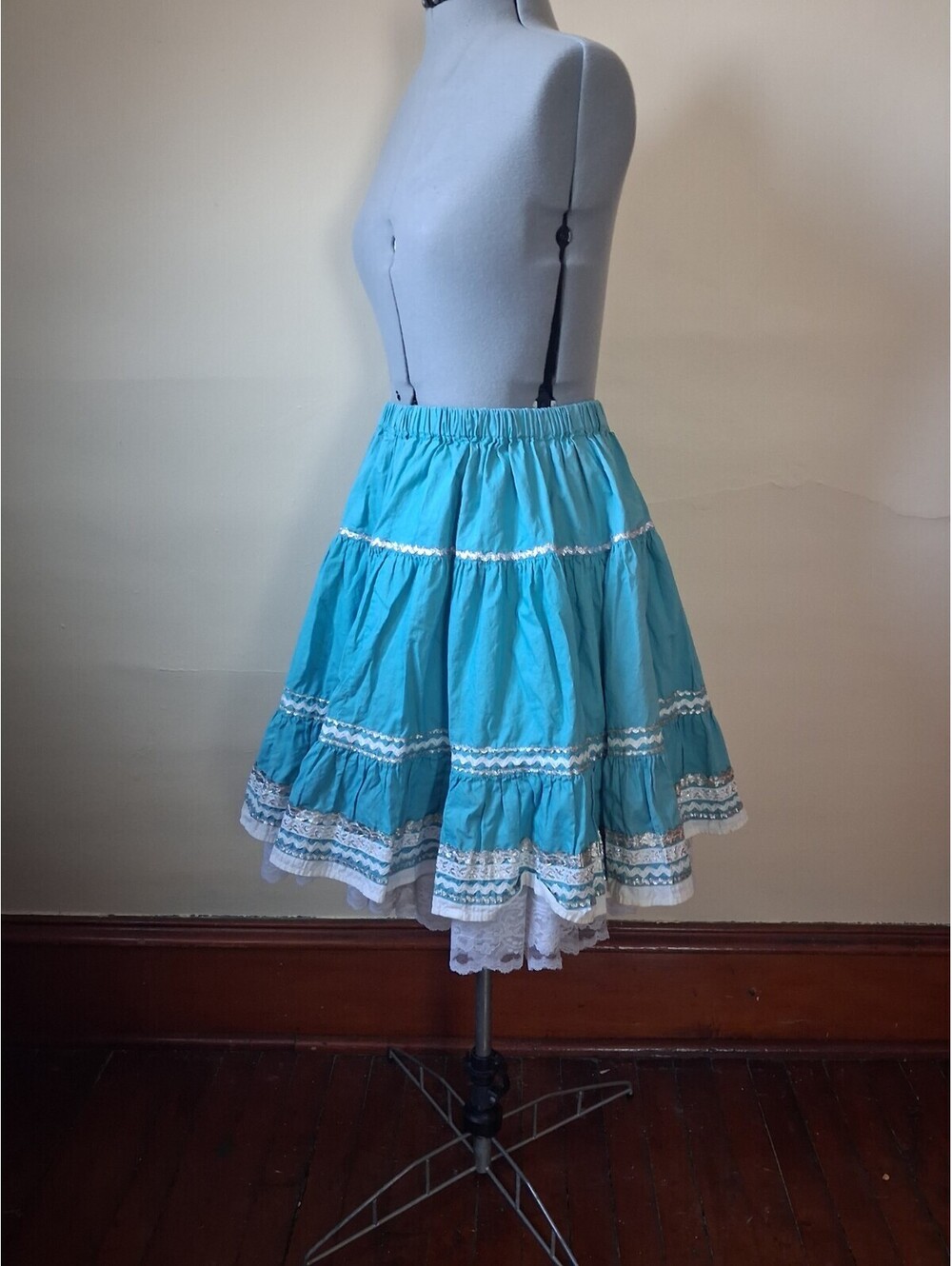 Vintage 1950s Square Dancing Skirt Ric Rac Turquoise Western Dance Skirt
